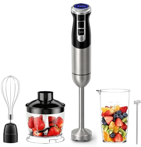M4Y 5 IN 1 Hand Blender Kitchen Set 1000 W Stainless Steel Stick Blender, DC Motor, 2 Speeds with 21 Variable Speeds, 860ml Mini Food Processor Chopper, Electric Whisk Milk Frother, 600ml Beaker