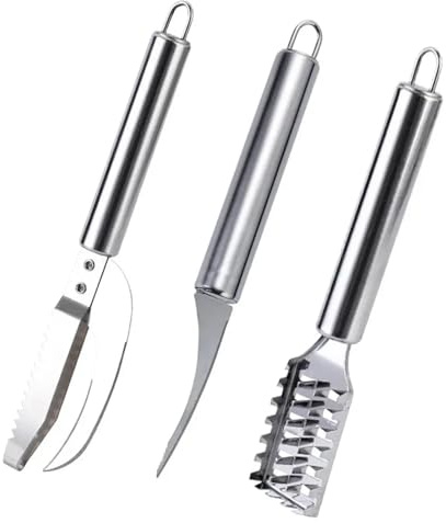 Iirlvior Juego profesional de 3 piezas para pelar pescado, utensilio de acero inoxidable con pinzas para espinas y cuchillo, kit para limpiar marisco y gambas, utensilio de cocina eficaz y duradero