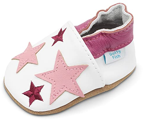 Dotty Fish Barnskor av mjukt läder med antihalksula av mocka. Skor för småbarn. Flickor. Rosa & Vita Stjärnor. 0-6 månader (17 EU)
