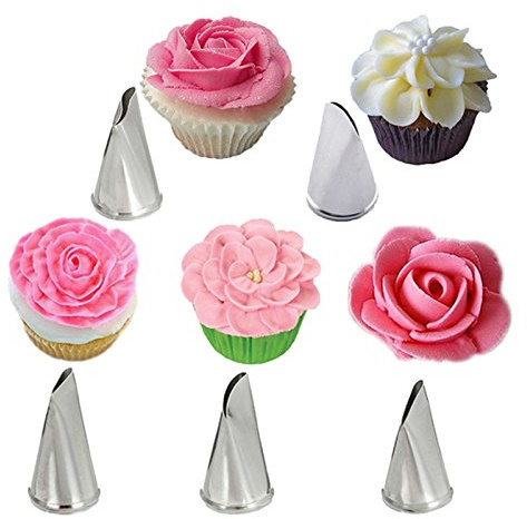 Inovey Set med 5 st rosblad glasyr spritsmunstycken metall grädde spetsar tårta dekorationsverktyg cupcake bakverk verktyg