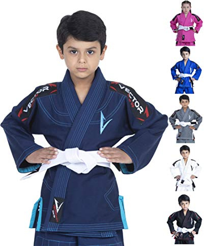 Vector Sports Kids Brazilian Jiu Jitsu BJJ Gi with Free White Belt 100% Cotton Pearl Weave Kimono Ultra Lightweight Preshrunk Fabric (Navy, K2)
