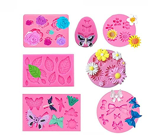 TROYSINC 7 Stück Silikon Fondant Kuchen Formen 3D Rosen Blumen Silikonformen Blätter Silikonform Schmetterlinge Silikonform 3D Silikon Backform für Kuchen-Fondant Dekorieren Backenwerkzeuge