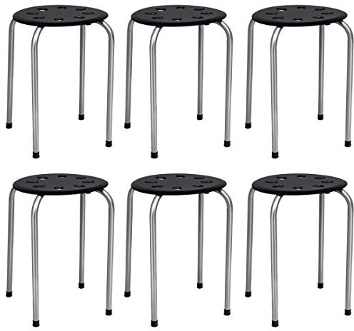 GiantexUK 6PCS Stacking Stools, Set of 6 Plastic Round Bar Stools with Metal Frame & Anti-Slip Foot Mats, Space Saving Dining Chairs for Bar, Kitchen, Living Room, Classroom and Office (Black + Gray)