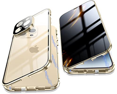 Jonwelsy Anti Peeping Case for iPhone 14 Pro (6.1), 360 Degree Front and Back Privacy Tempered Glass Cover, Anti SPY Screen, Anti Peep Magnetic Adsorption Metal Bumper for iPhone 14 Pro (Gold)