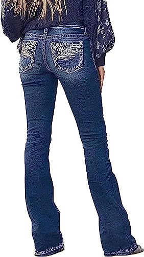 Alilyol Bootcut Jeans for Women,Stretchy Feather Flower Embroidery Mid Rise Slim Straight Leg Pants Jeans,S,Blue