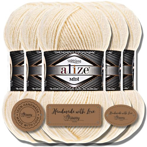 Hobby YARN 3x Etikettenlabel mit Alize Superlana Midi Wolle Premium 5x100g als Set, Yarn, Garn, Strickgarn, Einfarbig, Baby, zum Häkeln, Stricken, Kleidung, Schals (Cream | 1)