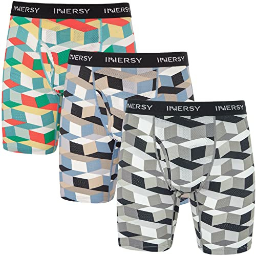 INNERSY Boxer Ajustados Hombre Comodos Calzoncillos Largos de Malla Ropa Interior Deportiva 3 Pack (L, 3 Geometría Colorida)