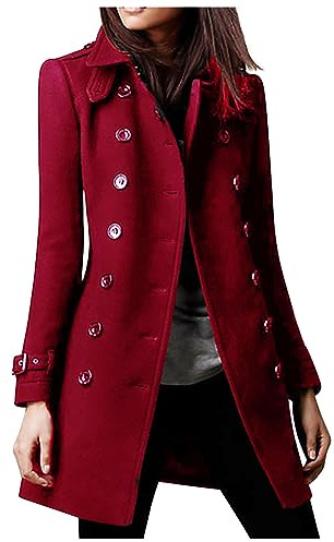 Susenstone Femme Manteau en Laine Mélangée à Double Boutonnage Hiver Chic Mi-Long Épaulette Mince Blazer Couleur Unie Coupe-vent Blouson