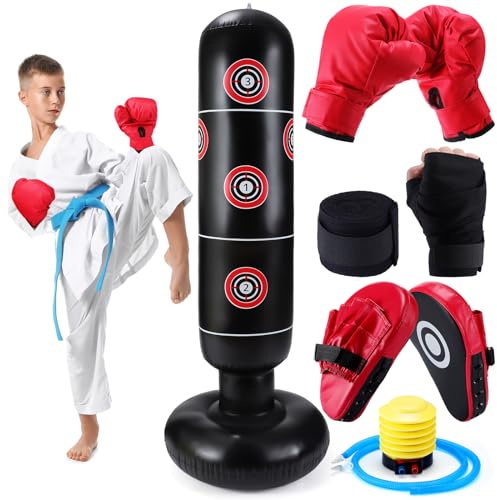 7 Pcs Kids Punching Bag Set Include Boxing Gloves, Inflatable Punching Bag, Hand Wraps, Hand Pads, Air Pump, Kids Boxing Training Set for Karate Kickboxing Taekwondo(Red)