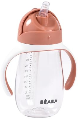 BEABA, Bicchiere Salvagoccia Per L'apprendimento 2 In 1, Tazza Con Cannuccia Per Bambini, 100% Antigoccia, Facile Da Aprire, Manici Rimovibili, Tritolo E Silicone, 300 Ml, Terracotta