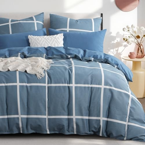 RUIKASI Parure de lit 3 pièces en coton 220 x 240 cm Denim bleu - Parure de lit en coton 220 x 240 avec motif à carreaux bleu, Housse de couette 240x220 en coton avec fermeture éclair
