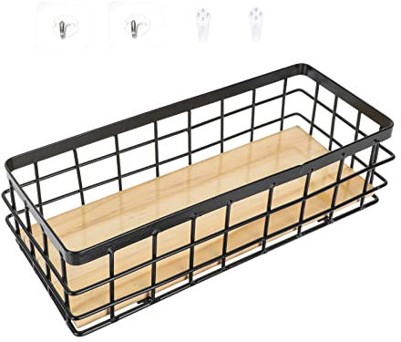 WHAMVOX 1satz Wandhängender Aufbewahrungskorb Mit Holzbrett Vielseitig Einsetzbarer Organizer Für Kosmetik Und Wohnaccessoires Schwarz