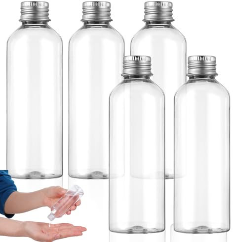 Wanmu Lot de 5 bouteilles de voyage de 100 ml pour articles de toilette, vides en plastique étanche avec bouchon à vis argenté, accessoires essentiels de voyage pour shampooing, après-shampooing