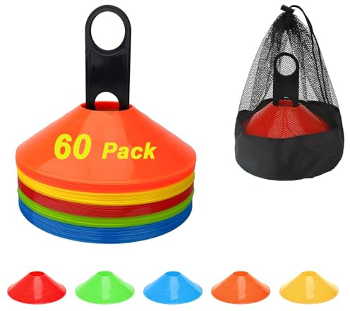 Birddie - 60 coni per allenamento di calcio, coni sportivi da calcio per campo di allenamento, coni di agilità con borsa di trasporto e supporto per esercizi, pallacanestro, allenamento, attrezzatura