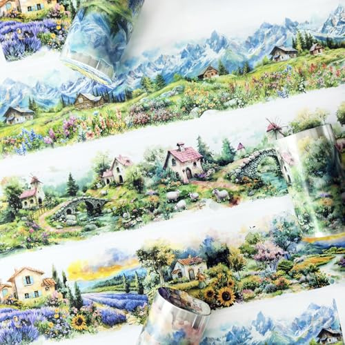 3 Rolls Aesthetic Scrapbook Accesorios, Ta Merry Landidylle und Bergblick Themed PET Washi Tape stickers für Scrapbooking,Fotoalbum,Journaling Zubehör,Bullet Journal(Small Town 2)