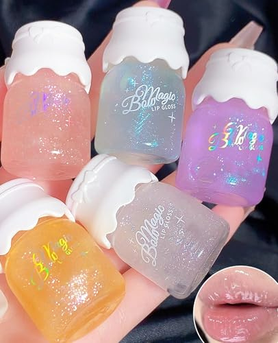 SEESUNO 5 Pcs Lip Gloss Set, Cute Mini Shimmer Glow Oil Hydrates and Moisturizes Lipgloss for Girls Kids Reduce Lip Lines