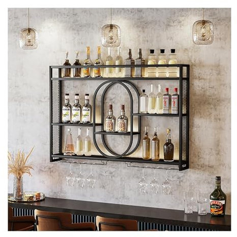 Étagère à vin murale avec lumière LED – Étagères flottantes en métal pour une grande capacité de rangement dans un bar, une cave à vin et une décoration de cuisine