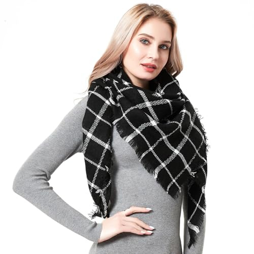 MLPKOI Damhalsduk, triangulär halsduk damer, hösthalsduk mjuk, varm mjuk stickad halsduk rutig vinterhalsduk, filt halsduk elegant med fransar, vinterhalsduk rutig tartan ränder pläd mönster