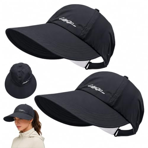 DVDVBOOM 2Pcs Sun Visor Hat for Women, UPF 50+ UV Protection Summer Wide Brim Hats, Adjustable Ponytail Sun Cap, Ladies Outdoor Sunhats for Beach, Sport, Vacation