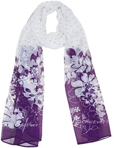 CHICEVER Schöner Schal aus 100% Seide, Seidenschal, Blumen, 50x170cm, weiß lila 3149