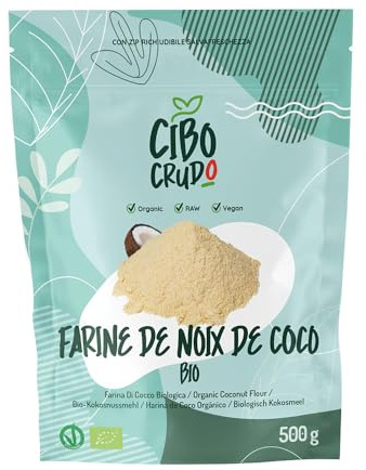 Cibocrudo Farina di Cocco Biologica Cruda, Coconut Flour Raw Organic, Ricca di Fibre e Sali Minerali, Povera di Calorie, Dalla Polpa della Noce di Cocco, Etichette in Italiano, 500 Grammi