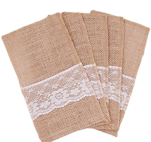 Yulakes 30 Stück Natur Jute Spitze Besteck Messer und Gabeln Besteck Halter Tasche Set Bestecktasche Halter Party Hochzeit Dekor