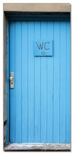 Wallario Selbstklebende Türtapete Blaue Tür Einer Toilette in Einer verlassenen Fabrik in Magdeburg - Türposter 93 x 205 cm Abwischbar, rückstandsfrei zu entfernen