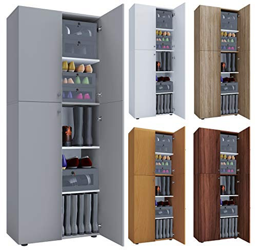 VCM Holz-Schuhschrank | Maße: B. 70 x H. 184 x T. 40 cm | Allzweckschrank | 5 Fächer | 4 Drehtüren - Lona