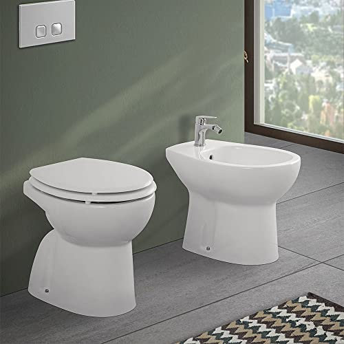 Inbagno Coppia Sanitari Tradizionali in Ceramica Bianco in Set WC + Bidet + Sedile COPRIWC