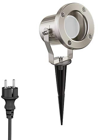ledscom.de Gartenstrahler Erdspieß MIBU für außen Edelstahl chrom matt + LED GU10 Lampe 3-Stufen-dimmbar warmweiß W 500lm