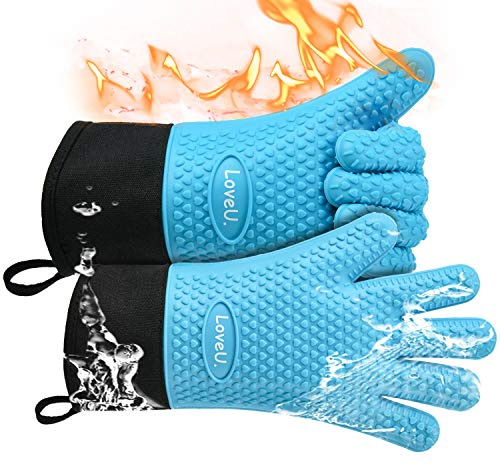 Loveuing Kitchen Oven Gloves - Silicone and Cotton Double-Layer Heat Resistant Oven Mitts/BBQ Gloves/Grill Gloves - Perfect for Baking and Grilling (XL-XXXL, Blue)