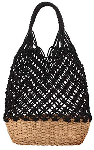 chiwanji Schultertasche, Sommer Strandtasche Damen Tasche Basttasche Strand Netztasche Handtasche für Reise Outdoor, Schwarz