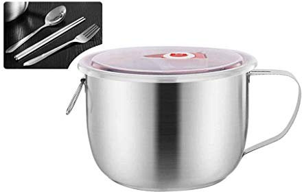 Soup Bowl with Handle and Lid,1.4L Large Soup Bowls in Stainless Steel Gift Spoon Chopsticks Fork for Student Office Instant Noodles Leakproof-Silver