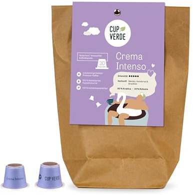 CUP VERDE – 30 capsules de café durables Nespresso* compatibles. 100% neutre sur le climat – commerce équitable - légèrement grillé, goût puissant - peu d'emballage. CREMA INTENSO