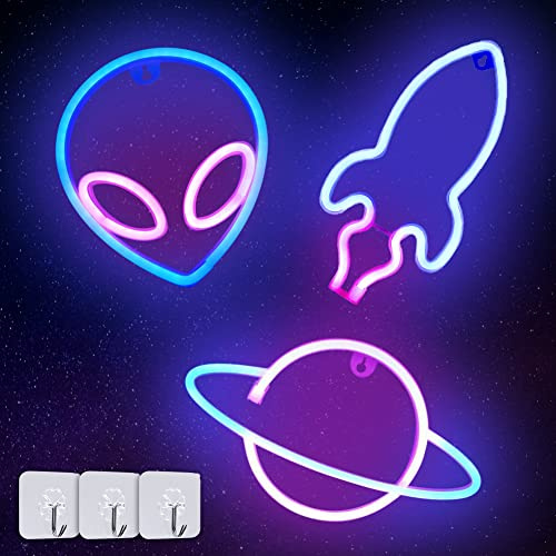 Neonlicht Schild, 3 Stück Rocket Planet Alien Platz Neonschild USB | LED Wand Deko, Party Deko, Schlafzimmer Deko, Geschenk Idee, für Wohnzimmer Bar Hochzeit Dekoration