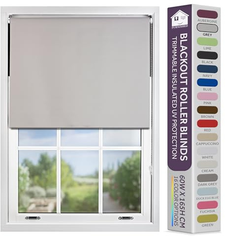 FURNISHED Blackout Roller Blind with Metal Fittings Trimmable Insulated Thermal Fabric Heavy-duty Easy Install Brackets Window Roller Blinds - Grey, 115W x 165H cm