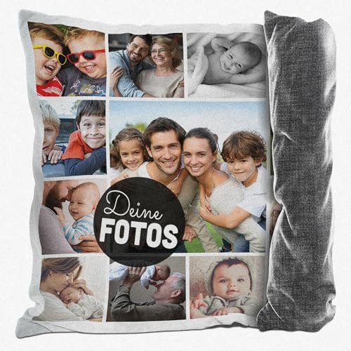 Print Royal Kissen mit Fotocollage selbst gestalten - mit 13 Fotos Personalisieren - Geschenk für Familie und Freunde | Rückseite Schwarz Gemustert, inkl. Kissenfüllung, 40x40cm