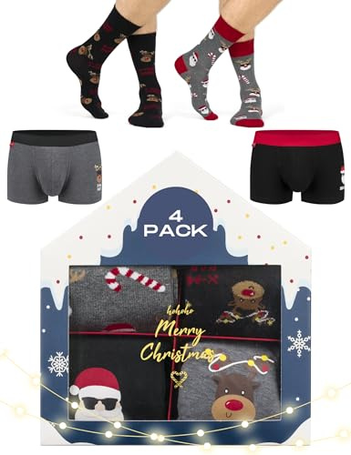 soxo Noel Chaussette Homme + Boxer Coton Calecon Sac Cadeau Chaussettes Cadeaux 4 Pack 40-45 XL Caleçon + Chaussettes 40-45