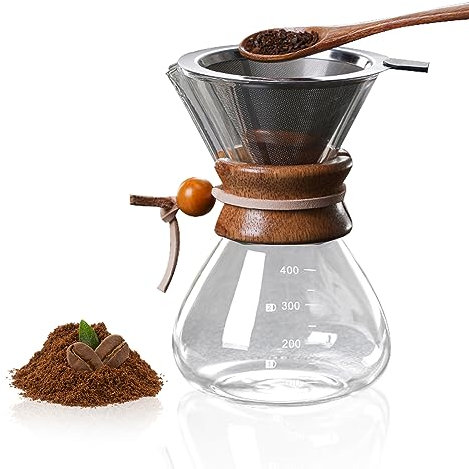 400ml Caffettiera Pour Over Coffee Maker Dripper Manuale per Fare il Caffè con Filtro Permanente in Acciaio Inox Caffettiera in Vetro per Polvere di Caffè Macinato La Casa, Il Caffè e La Festa