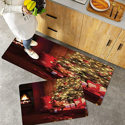 Küchenteppich Teppich Läufer Küchenläufer 2 Stück rutschfest,Weihnachten, Weihnachtsszene mit geschmücktem Leuchtbaum und Geschenken am Kamin Kunstvoll, Waschbar für Flur Küche 40 x 100 cm+40 x 60 cm