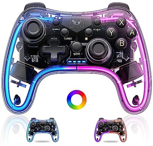 Aceshop Controller per Switch/Switch OLED/Switch Lite/PC/Android/IOS/PC, Trasparente Controller per Switch PRO con Luce RGB Wireless Controller per Switch con Turbo/6-Axis Gyro/Vibrazione/Svegliati