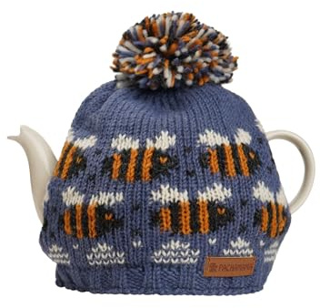 Pachamama Handknitted Medium 4-6 Cup 1.2L Wool Tea Cosy Teapot Cover - Bumble Bee Beehive Pattern Insulated Handmade Fair Trade Denim