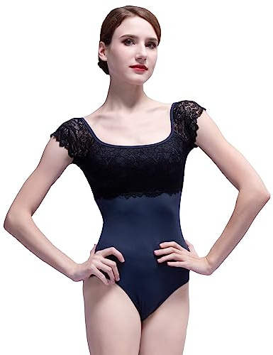 s.lemon vuxen ballerina kortärmad fyrkantig hals dans bodysuit spets balett trikåer för kvinnor, BLÅ, M
