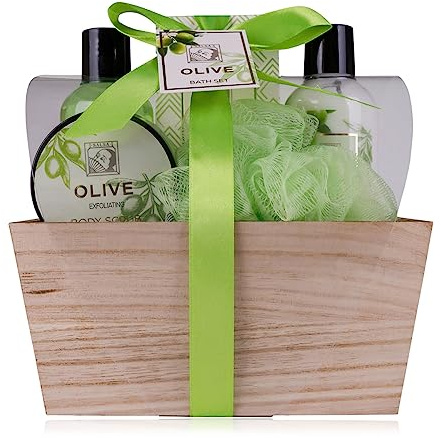 Accentra - Duschset Frauen Geschenkset OLIVE in schöner Holzbox - 5-teiliges Pflegeset mit Duschgel, Bodylotion, Badesalz, Körperpeeling und Netzschwamm - Wellness Geschenk Set zum Geburtstag