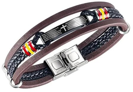 HOGALTHY Pulsera España hombre de cuero y acero inoxidable - Regalos Originales hombres- Pulseras con bandera española de 21 cm con cierre de seguridad - Brazalete cruz padre nuestro