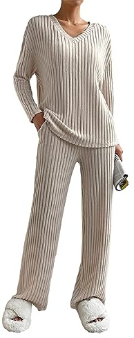 SotRong Womens Lounge Wear Sets Ladies Leisure Suits Two Piece Outfit Tracksuit Set Long Sleeves V Neck Baggy Pullover Tops Wide Leg Long Pants Apricot L