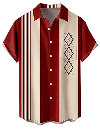Herren 50er Jahre Herren Kleidung Rockabilly Stil Baumwolle Herren Hemden Kurzarm Fifties Bowling Casual Button-Down Shirts Hawaii-Hemden für Herren lässig Sommerärmel