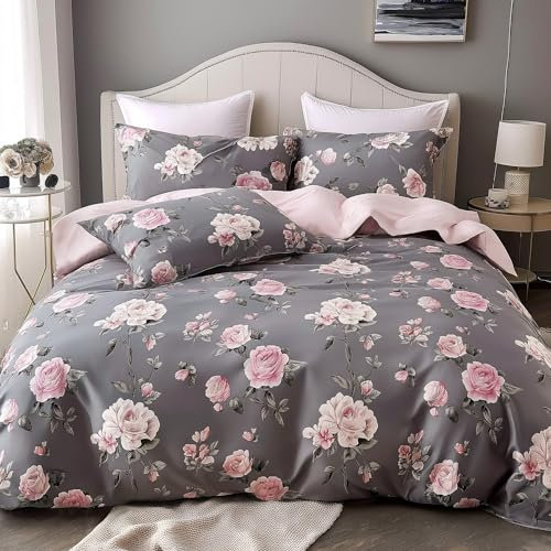 Boqingzhu 3D Bettwäsche 200×220cm Blumen Rosen Grau Rosa Aesthetic Vintage Florale Wende Bettwäsche Set Blumenmuster Rosenmuster Bettbezug und 2 Kissenbezüge 80x80cm mit Reißverschluss