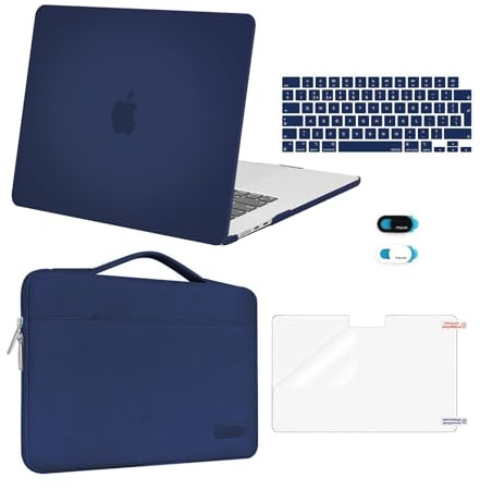 MOSISO Coque Compatible avec MacBook Air 15 Pouces M5 M4 M3 M2 2026-2023 A3448 A3241 A3114 A2941, Coque Plastique Rigide&Sac Sleeve&Clavier&Protecteur D'écran&Couverture Webcam,Bleu Marin