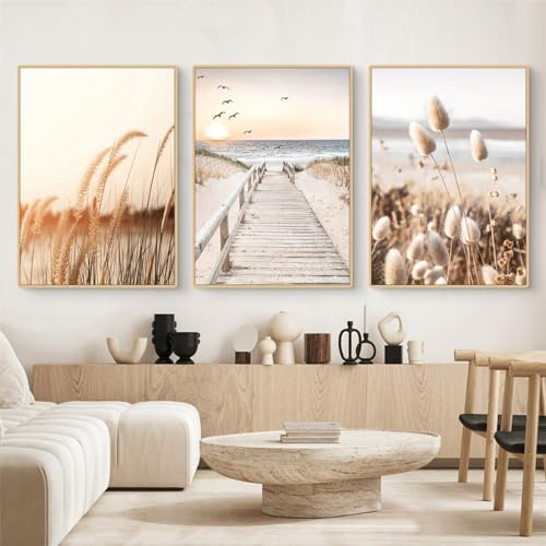 Uixxducc 3-teiliges Aesthetic Poster Set Natur Küstenstrand Seevogel-Szenerie Bilder Set Wandbilder Wohnzimmer, Beige Boho Pampasgras Bilder, Schlafzimmer Deko, ohne Rahmen (A,50x70cm)